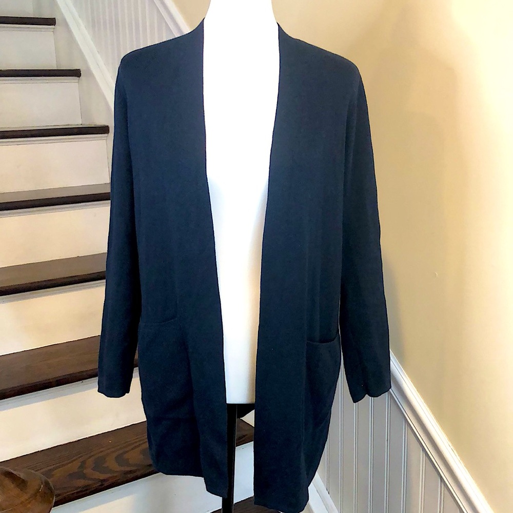 J JILL Navy Blue Flat Knit Open Cardigan w Hand Pockets Sz XS